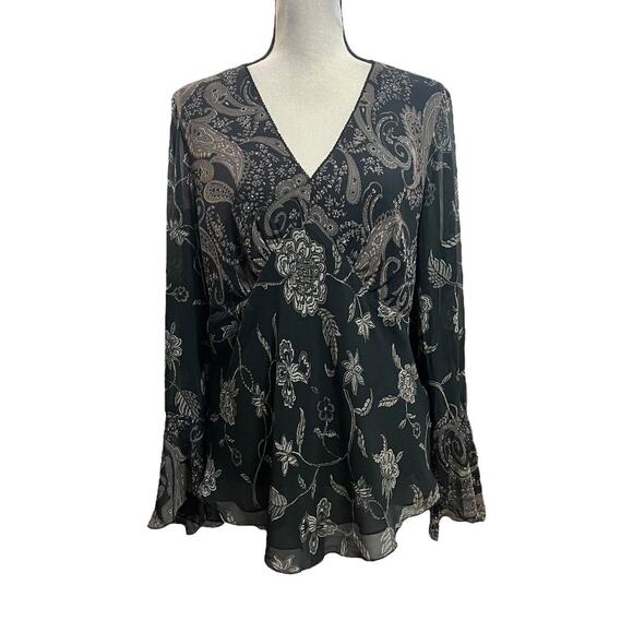 VTG 90s Spenser Jeremy Black & Brown Paisley Patchwork Silk Bell Sleeve Top 14/L - Picture 2 of 8